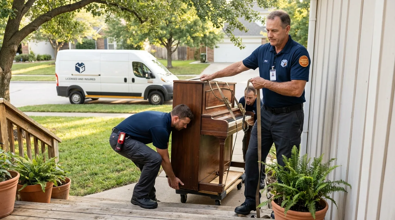 Licensed piano movers securing grand piano in Burbank, WA