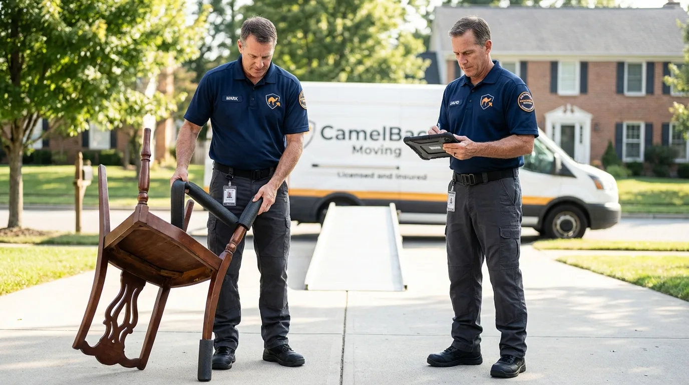 Movers inspecting furniture for damage prevention before loading in Burbank, WA