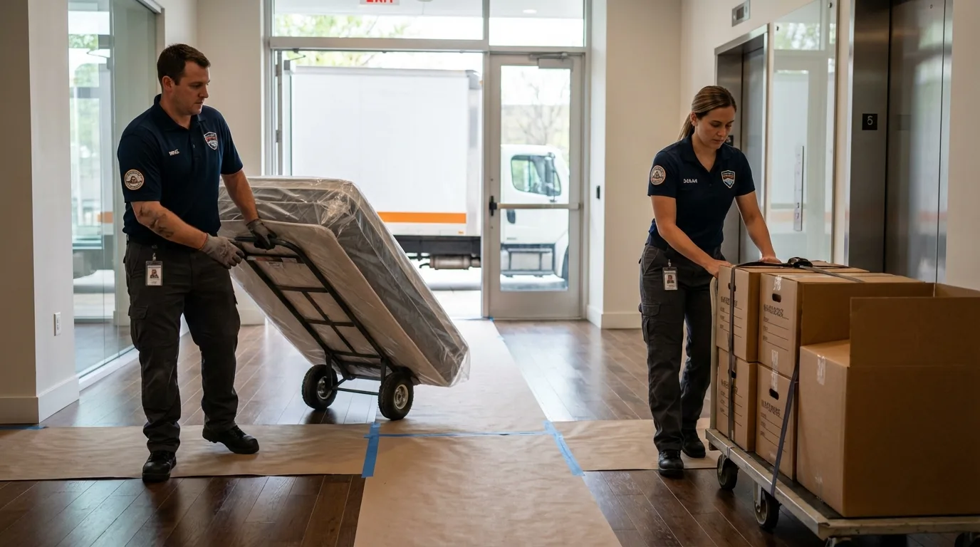 Professional apartment movers loading elevator in Burbank, WA