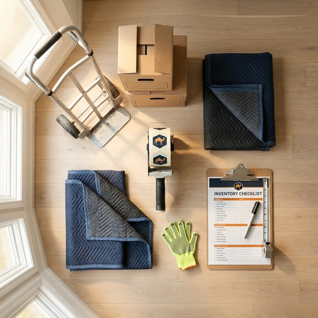 Professional moving supplies and packing materials layout for Burbank residential relocations